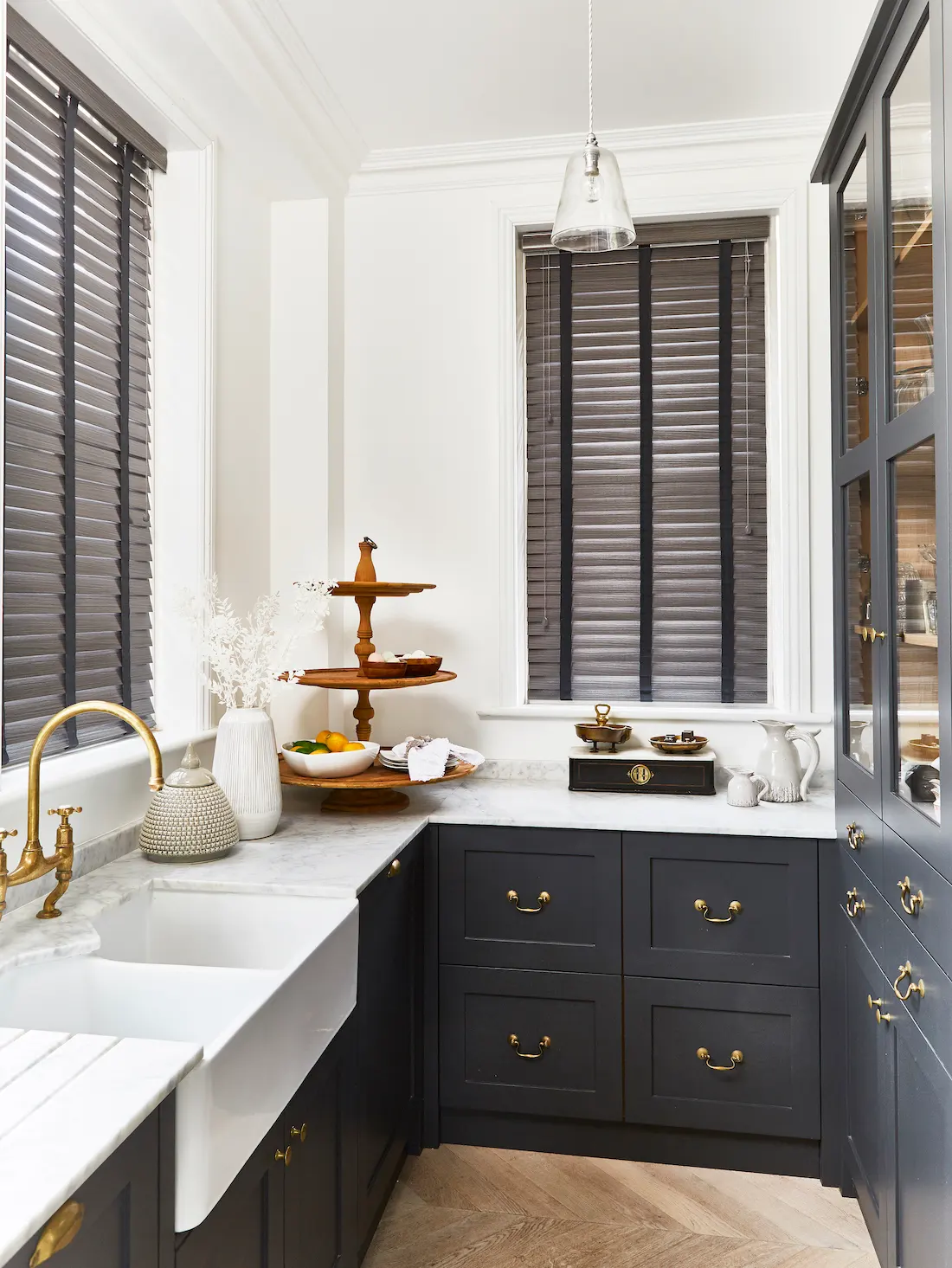 Grey wooden slat blinds in a bright modern kitchen – Selly Oak Blinds